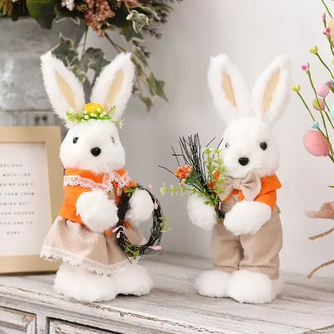 Cute Plush Easter Bunny Ornaments White Rabbit Doll Desktop Decoration With Corduroy Clothes Lace For Home Party Easter Gift