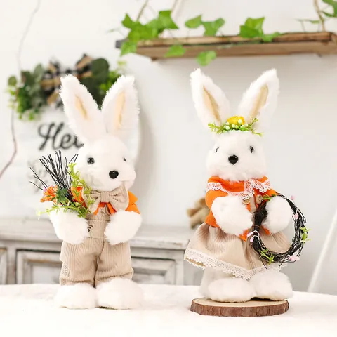 Cute Plush Easter Bunny Ornaments White Rabbit Doll Desktop Decoration With Corduroy Clothes Lace For Home Party Easter Gift