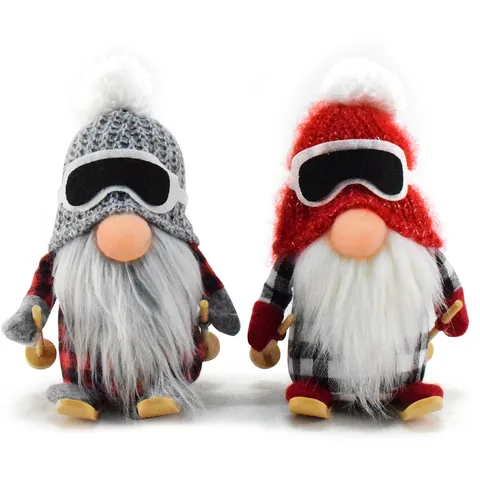 Skiing Christmas Gnome Ornaments LED Lighted Faceless Gnome Plush Doll With Wooden Skis Poles Nordic Winter Home Decorations