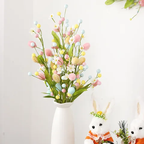 Easter Egg Artificial Branch Colorful Foam Eggs Floral Stem With Green Leaves For DIY Flower Arrangement Home Party Decor