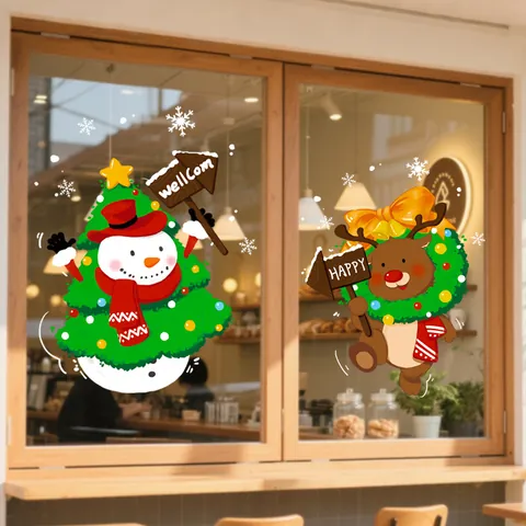 Christmas Window Static Cling Stickers PVC Festive Santa Claus Snowman Christmas Tree Decals For Shop Home Decoration