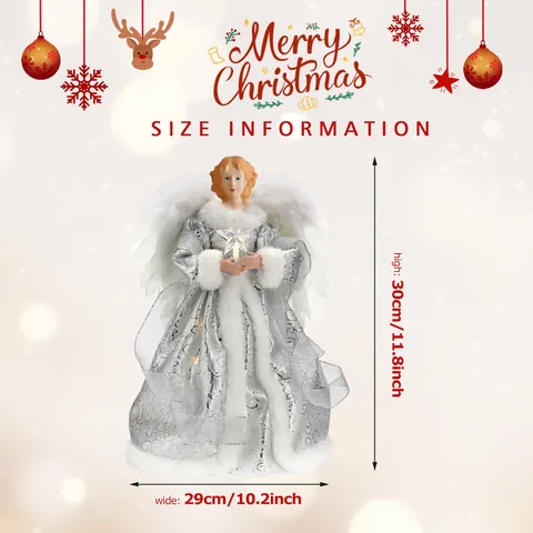 LED Glowing Christmas Angel Tree Topper Silver Fabric Wings Tree Top Ornament For Xmas Festive Home Decor Desktop Figurine
