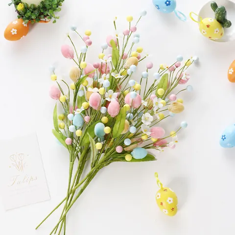 Easter Egg Artificial Branch Colorful Foam Eggs Floral Stem With Green Leaves For DIY Flower Arrangement Home Party Decor
