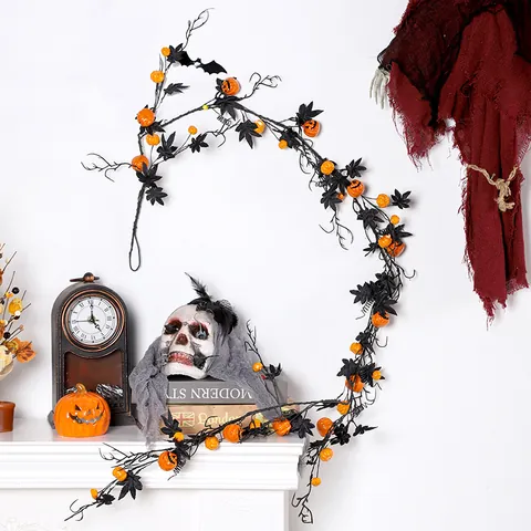 Halloween Pumpkin Maple Leaf Garland Spooky Black Vine Artificial Plant For Home Party Hanging Decoration Gothic Ornament