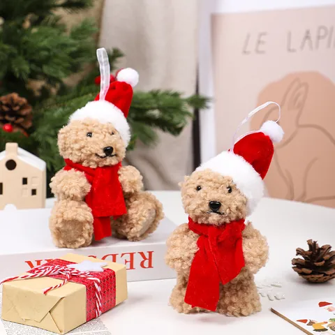 Christmas Plush Foam Bear Ornaments Cute Teddy Bear With Red Scarf Hat For Christmas Tree Hanging Tabletop Decoration Party Gift