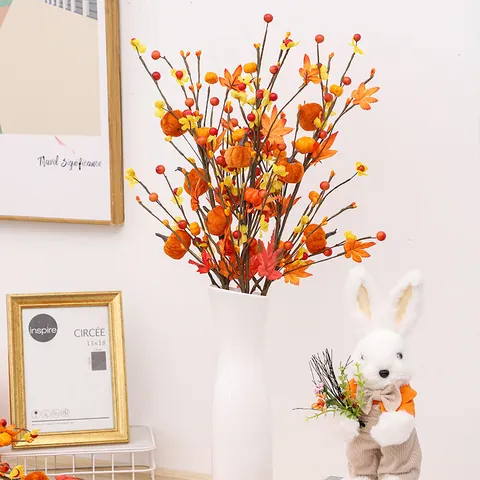 Halloween Fall Maple Leaf Pumpkin Stem Faux Berry Bouquet For Autumn Home Party Decor Artificial Harvest Floral Arrangement