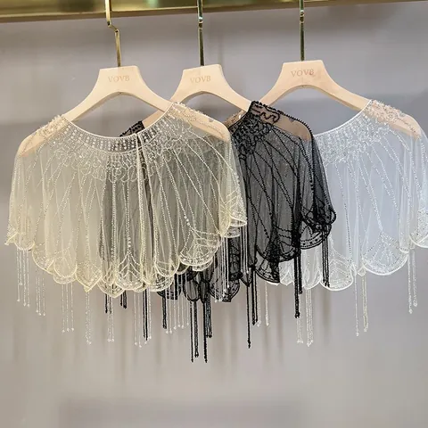 Dames Kralen Franjes Tassel Sjaal Cape Voor Cheongsam Trouwjurk Avondjurk Transparant Georgette Mesh Capelet