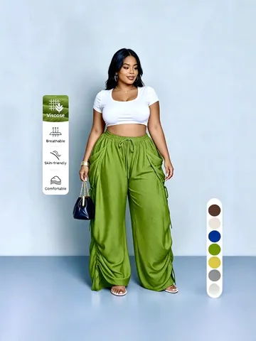 Women Plus Size Linen Polyester Blend Harem Pants Loose Casual Drawstring Elastic Waist Wide Leg Trousers With Pockets