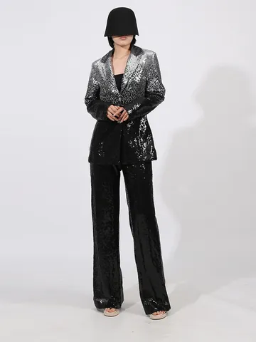 Elegant French Style Gradient Sequin Blazer Top And Bottom For Women Slim Fit Waist High-end Evening Banquet Pant Outfits