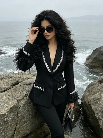 French Style Elegant Women Slim Fit Blazer With Feather Cuffs Rhinestone Lapel Solid Color Long Sleeve Suit Jacket Office Wear Chic Fall Outwear