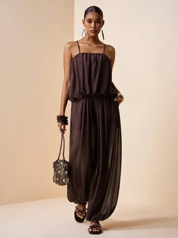 Women Pleated Satin Top And Bottom Set Bohemian Cami Top And Wide Leg Pants Solid Color Elegant Summer Outfit