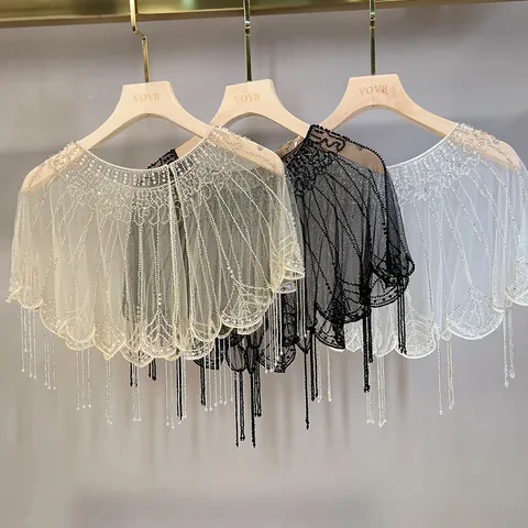 Women Beaded Fringe Tassel Shawl Cape For Cheongsam Wedding Dress Evening Gown Sheer Georgette Mesh Capelet Accessory