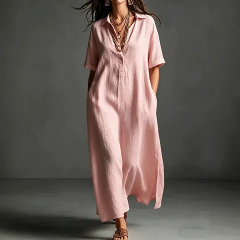 Women Summer Linen Cotton Maxi Dress Elegant V Neck Lapel Short Sleeve Solid Color Straight Casual Dress With Pockets