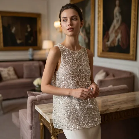 Women Luxurious Sequin Artificial Pearl Embroidered Sleeveless Tank Top Elegant Summer Polyester Vest Party Banquet Top