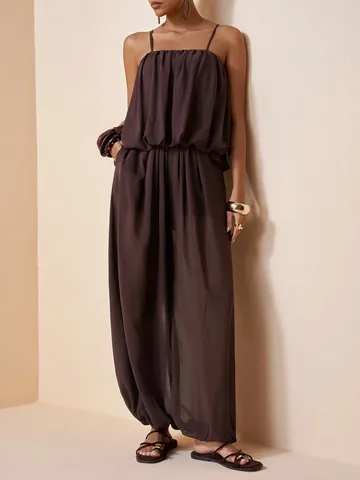 Women Pleated Satin Top And Bottom Set Bohemian Cami Top And Wide Leg Pants Solid Color Elegant Summer Outfit