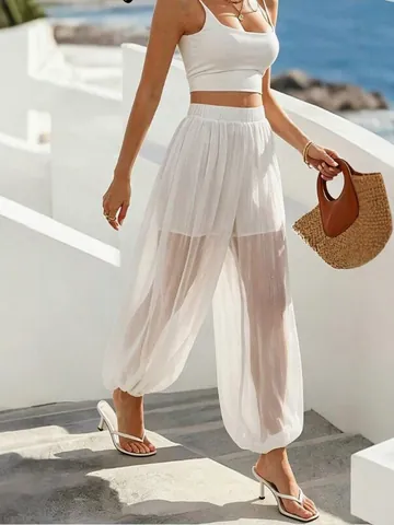 Pantaloni a Lanterna in Mesh Trasparente da Donna Estate Casual a Vita Alta Giuntati a Gamba Larga Tinta Unita Vacanza Mare