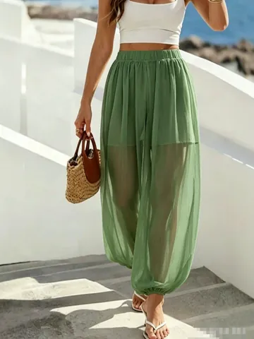 Pantaloni a Lanterna in Mesh Trasparente da Donna Estate Casual a Vita Alta Giuntati a Gamba Larga Tinta Unita Vacanza Mare