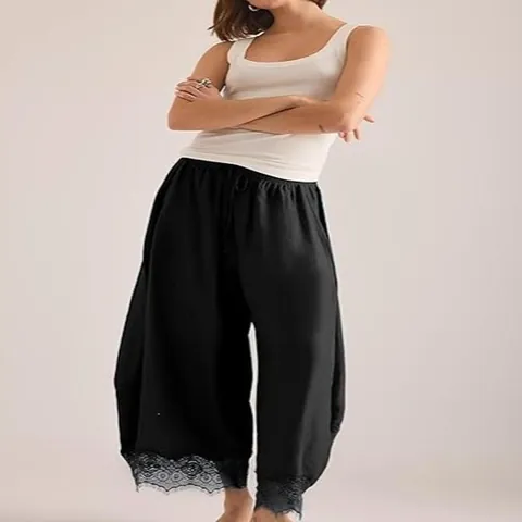Women Elastic Waist Lace Trim Loose Harem Pants Polyester Cotton Scimitar Pants Casual Versatile Solid Color Bottom