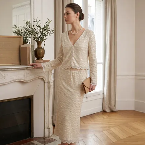 Französischer Promi-Stil Pailletten Perlen Strickjacke Jacke Und Rock Set Für Damen Elegante Trompetenärmel V-Ausschnitt Oberbekleidung