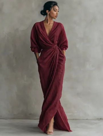 Robe Longue Femme Élégante Col en V Couleur Unie Manches Longues Avec Ceinture Fente Latérale Style Vacances Polyester Robe Mode