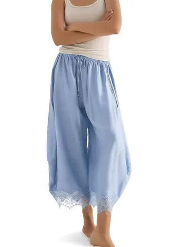 Women Elastic Waist Lace Trim Loose Harem Pants Polyester Cotton Scimitar Pants Casual Versatile Solid Color Bottom