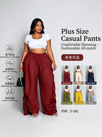 Women Plus Size Linen Polyester Blend Harem Pants Loose Casual Drawstring Elastic Waist Wide Leg Trousers With Pockets