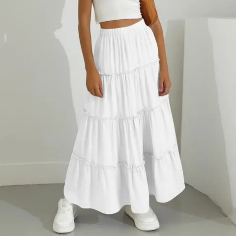 Women's Summer Tiered Maxi Skirt Polyester High Waist Elastic A-Line Tiered Skirt Solid Color Boho Casual Midi Skirt Bottom