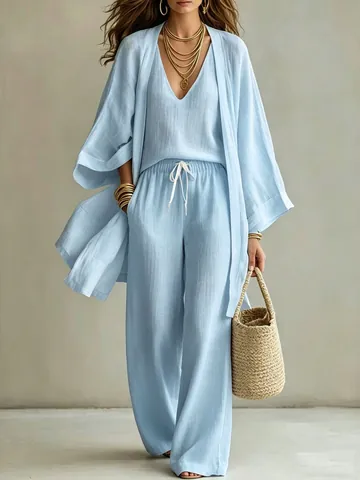 Dames Casual Katoen Linnen Outfits Lange Mouw Cardigan Tank Top En Wijde Pijpen Broek Losse Effen Kleur Zomer