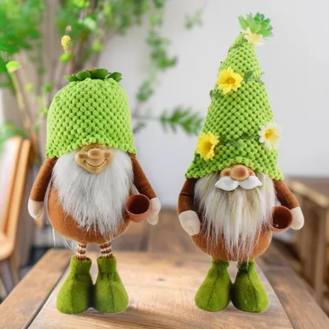 Green Cactus Gnome Plush Ornament Knitted Hat Scandinavian Tomte Nisse Plush Decoration Garden Figurine Spring Summer Home Decor
