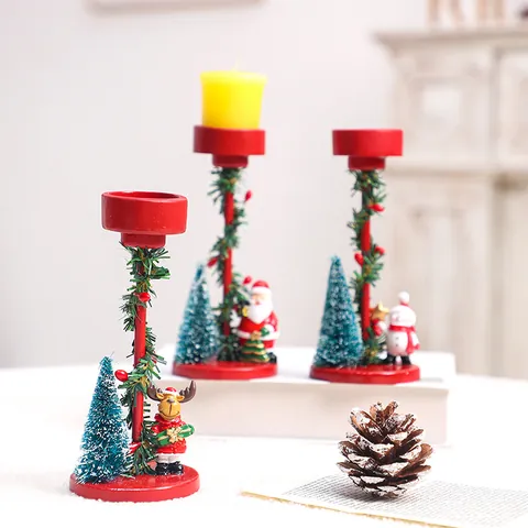 European Resin Christmas Candle Holder Ornament Santa Claus Reindeer Snowman Mini Tree Festive Party Home Desktop Decoration