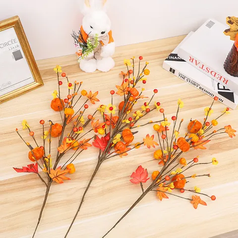 Halloween Fall Maple Leaf Pumpkin Stem Faux Berry Bouquet For Autumn Home Party Decor Artificial Harvest Floral Arrangement