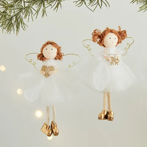 White Gold Christmas Angel Girl Doll Hanging Pendant Ornaments For Christmas Tree Indoor Festive Party Home Decoration