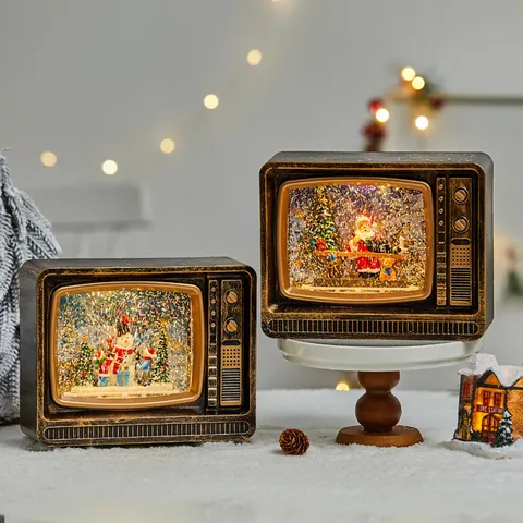Vintage Christmas TV Snow Globe Ornament With Music LED Light Santa Claus Water Filled Snowing Desktop Decoration Gift