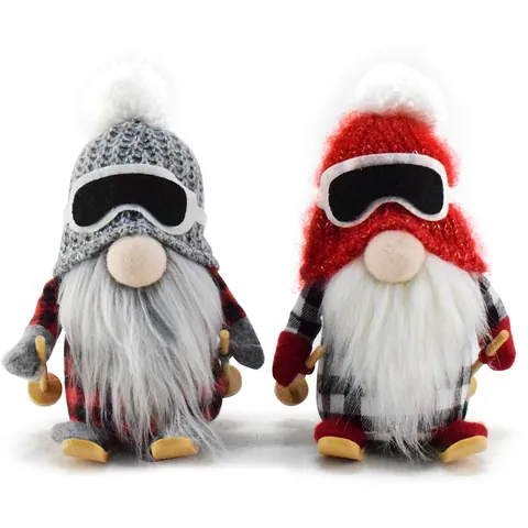 Skiing Christmas Gnome Ornaments LED Lighted Faceless Gnome Plush Doll With Wooden Skis Poles Nordic Winter Home Decorations