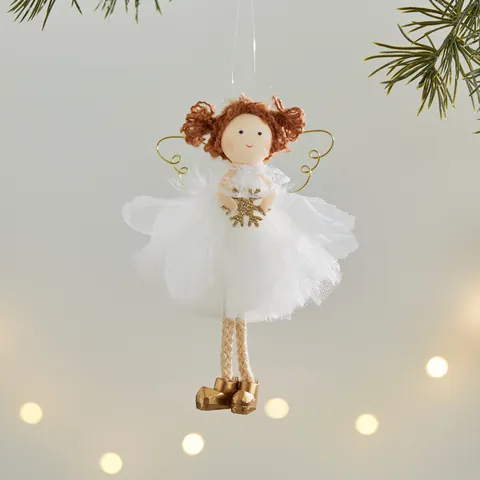 White Gold Christmas Angel Girl Doll Hanging Pendant Ornaments For Christmas Tree Indoor Festive Party Home Decoration