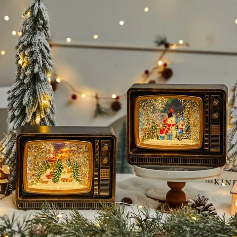 Vintage Christmas TV Snow Globe Ornament With Music LED Light Santa Claus Water Filled Snowing Desktop Decoration Gift