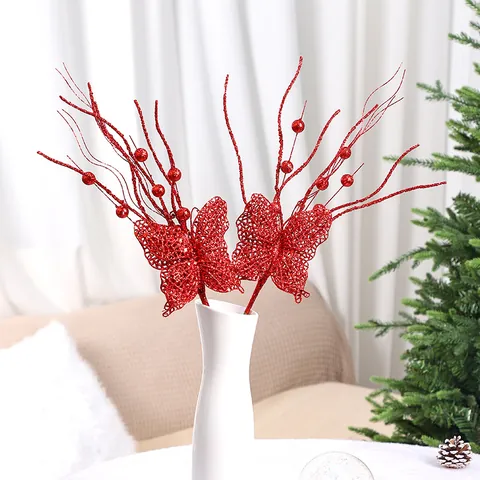 Púa de Bayas con Lazo de Navidad Brillante Accesorio de Ramo de Flores Artificiales DIY Para Decoración de Árbol de Navidad Adorno Festivo