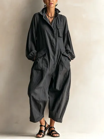 Combinaison Cargo Décontractée pour Femme en Poliester Revers Manches Longues Jambe Large Pantalon Uni Top And Bottom