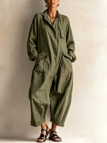 Combinaison Cargo Décontractée pour Femme en Poliester Revers Manches Longues Jambe Large Pantalon Uni Top And Bottom