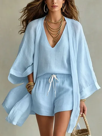 Dames Casual Katoen Linnen Vest Gilet En Shorts Set Effen Kleur Losse Zomer Outfit Top En Onder Loungewear