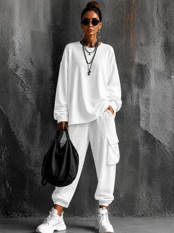 Women's Casual Two Piece Set Polyester Long Sleeve Sweatshirt And Cargo Pants Streetwear Solid Color Loungewear Outfits