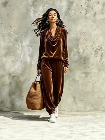 Women Velvet Cowl Neck Long Sleeve Top And Bottom Set Casual Solid Color Joggers Tracksuit For Autumn Winter