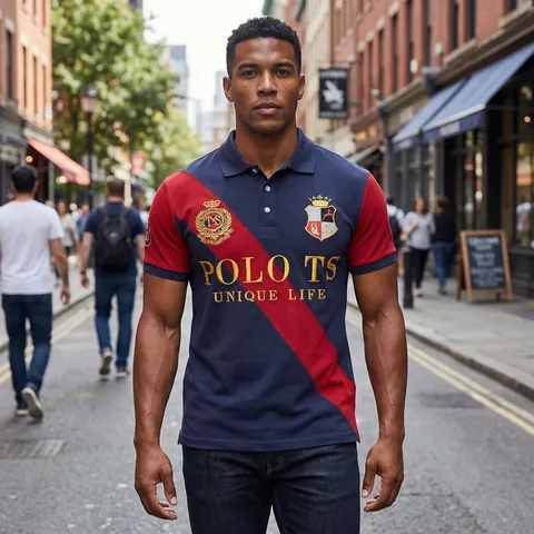 Men British Sporty Cotton Polo Shirt Short Sleeve Contrast Diagonal Color Block Embroidered Golf Casual Top