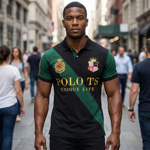 Men British Sporty Cotton Polo Shirt Short Sleeve Contrast Diagonal Color Block Embroidered Golf Casual Top