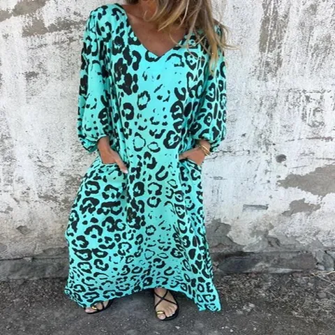 Damen V-Ausschnitt Langarm Maxi Kleid Boho Leopardenmuster Lockeres Kleid Mit Taschen Urlaubsstil Herbst Langes A-Linien Kleid