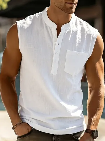 Men's Sleeveless Henley Shirt Linen Casual Summer Tank Top Outdoor Vacation Loose Fit Solid Color Vest With Pocket
