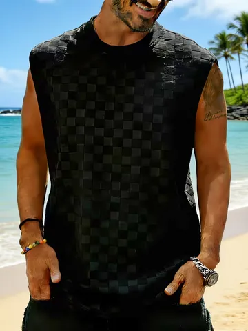 Men's Checkerboard Jacquard Tank Top Summer Casual Loose Sleeveless Knitted Vest Breathable Sporty Top For Beach Vacation