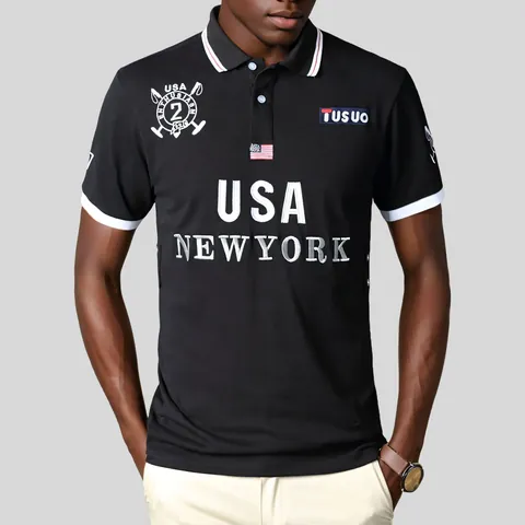 Men Cotton Short Sleeve Polo Shirt With USA New York Embroidery Sporty Golf Pique Top Casual Breathable Slim Fit Apparel