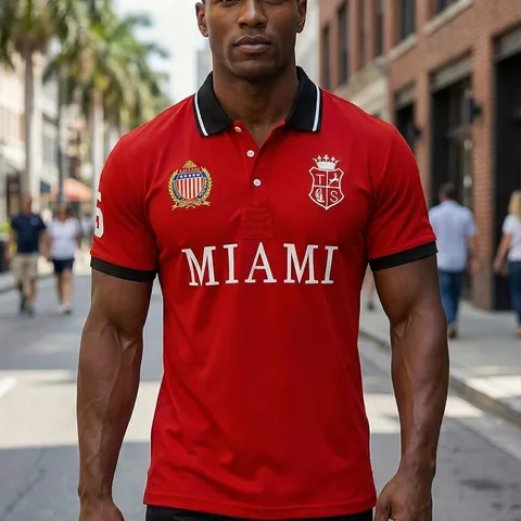 Polo da Uomo Sportiva Casual in Cotone Miami Manica Corta Stile Urbano Taglie Forti Top con Grafica Ricamata