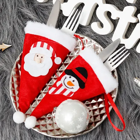 Creative Christmas Cutlery Holder Bag Mini Hat Shape Fabric Silverware Pocket For Party Table Decoration Snowman Santa